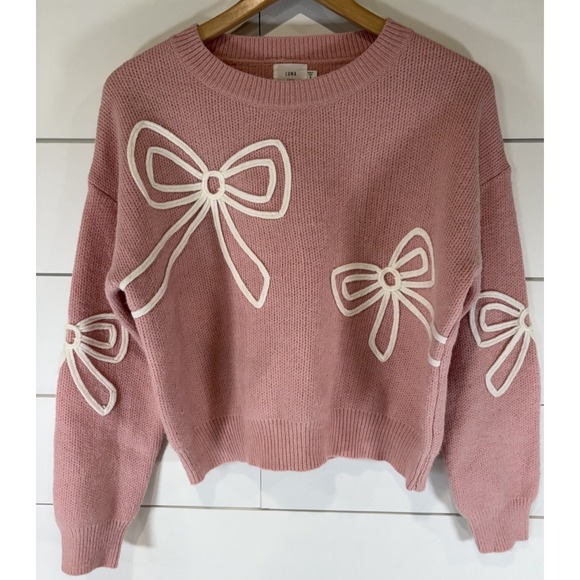Luna Ivy Sweaters - Luna & Ivy Women's Pink Sweater with White Bow Accents Size Small S